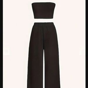 Elegant Solid Two-piece Pants Set, Sleeveless Crop Tube Top & Skinny High Waist